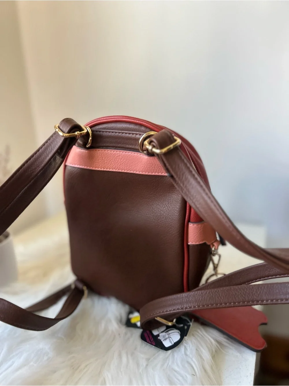 No boundaries Compact Two-Tone Leather Mini Backpack in Red and Brown new